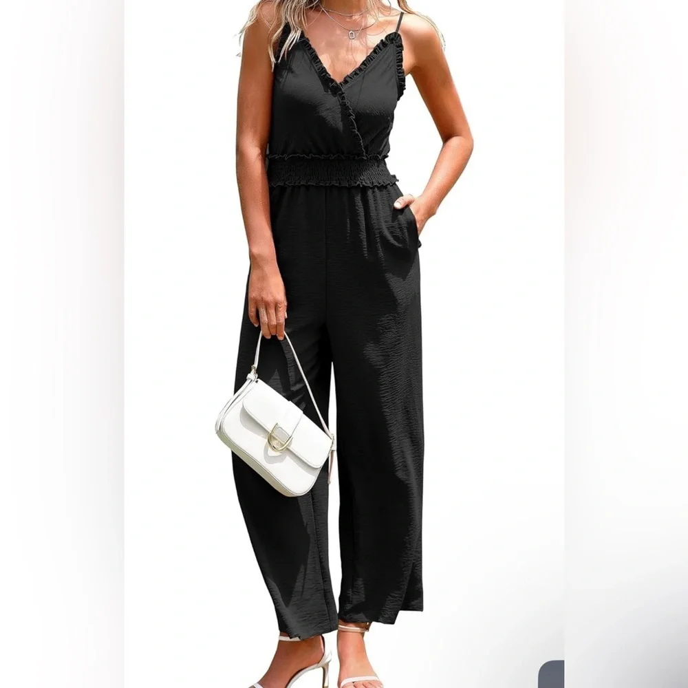 NWOT Black spaghetti strap ruffle v neck wide leg jumpsuit Black M - Picture 3 of 12
